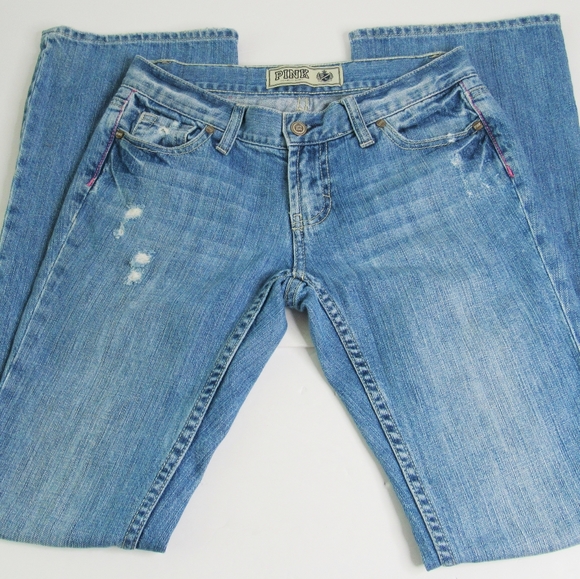 PINK Light Wash Straight Destroyed Low Rise Jeans - Picture 1 of 8